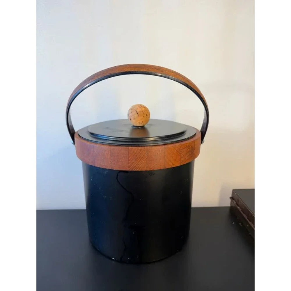 Mid Century Ice Bucket Black Body Teak Collar Swing Handle Cork Knob Barware